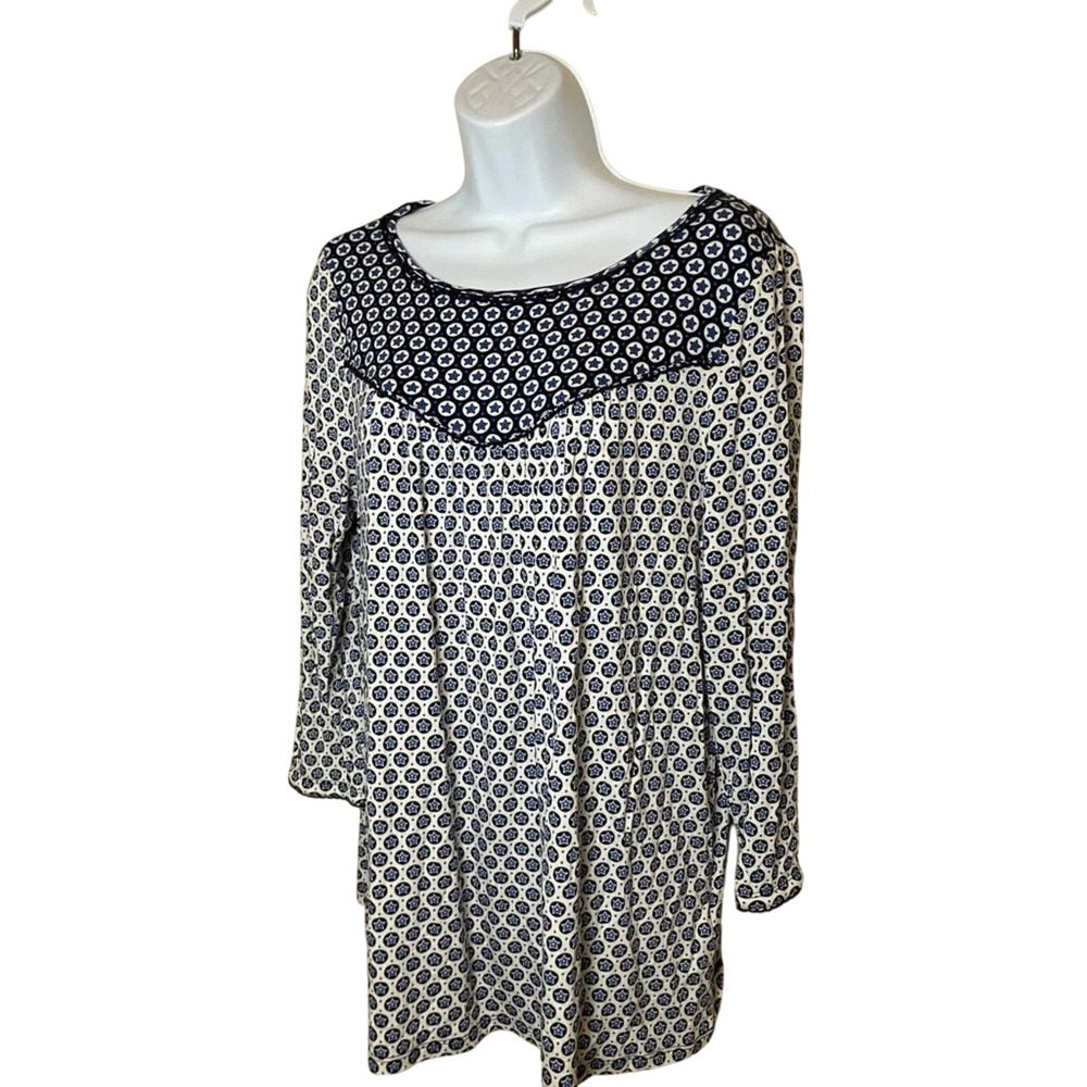 Boden Womens Star Print Tunic Top Navy White Scallop Trim Long Sleeve Size 10